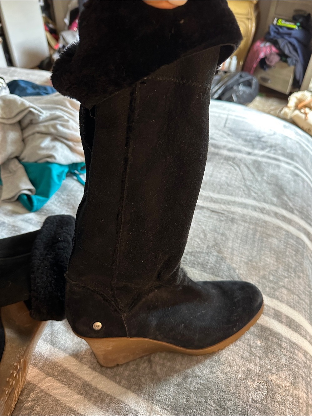UGG Black Suede Wedge Knee Boots with Faux Fur Trim